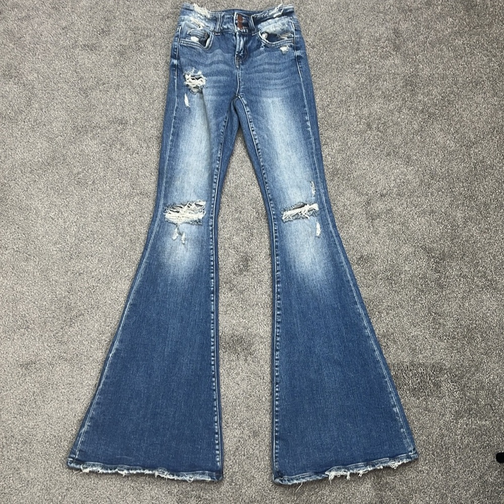 Flying Monkey Distressed Medium Blue Flare Jeans